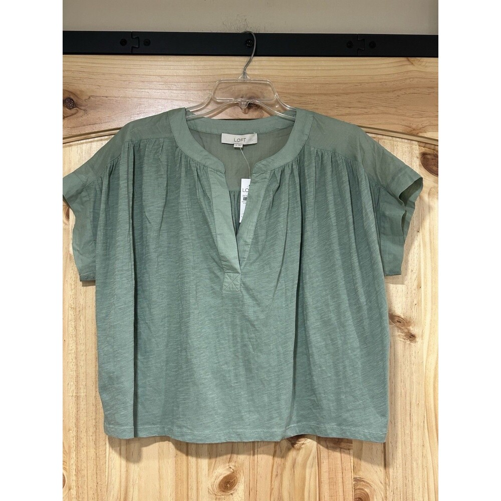 The Loft Women’s Slip Neck Mixed Media Top Shirt Sleeve Size Small Sage Green S
